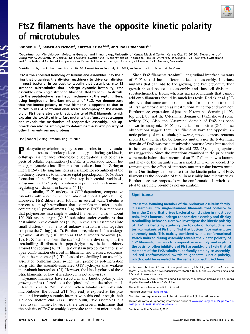 Ftsz Filaments Have the Opposite Kinetic Polarity of Microtubules