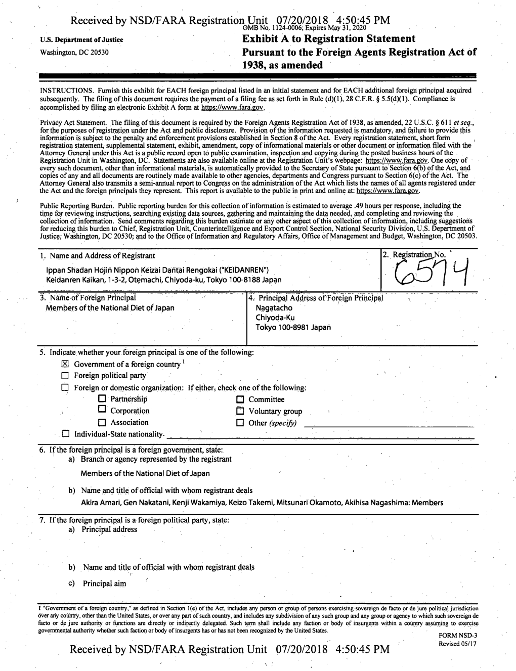 Received by NSD/FARA Registration Unit 07/20/2018 4:50:45 PM J OMB No