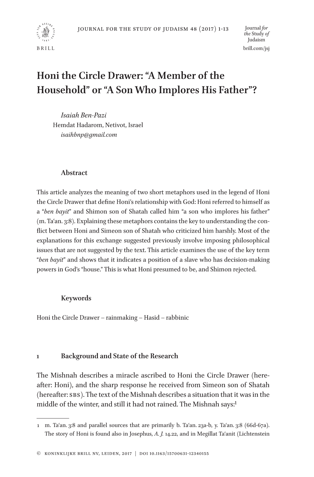 Honi the Circle Drawer: “A Member of the Household” Or “A Son Who Implores His Father”?