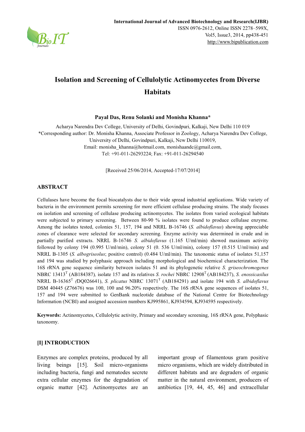 Isolation and Screening of Cellulolytic Actinomycetes from Diverse Habitats