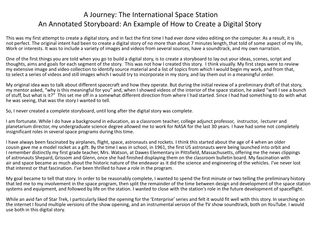 A Journey: the International Space Station an Annotated Storyboard: an Example of How to Create a Digital Story