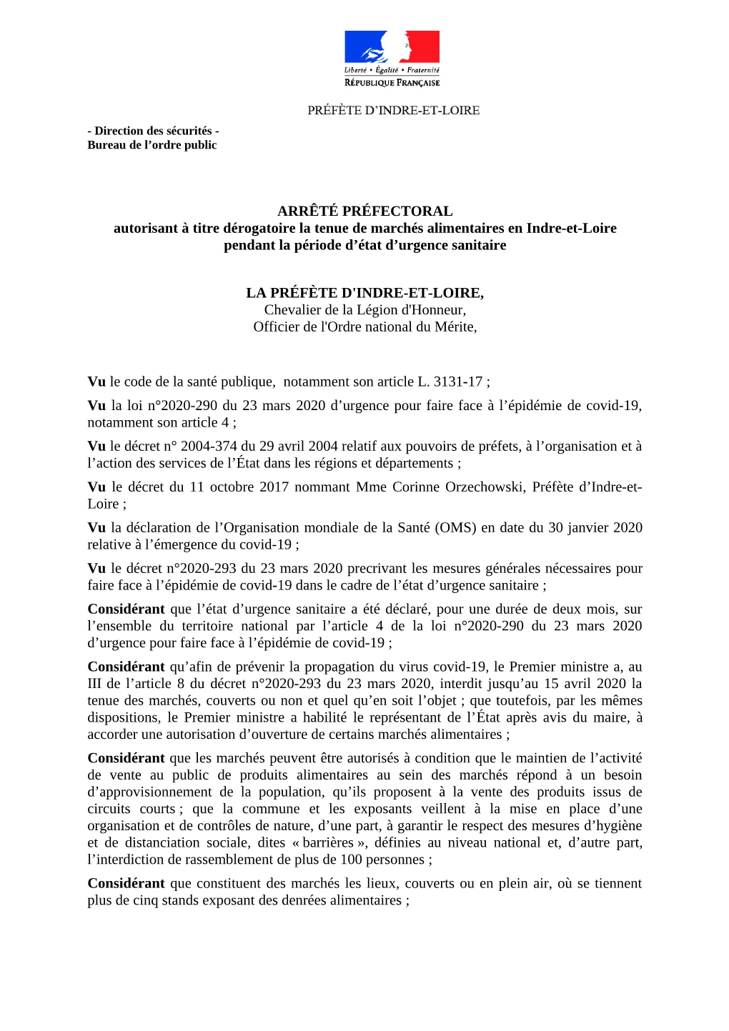 ARRÊTÉ PRÉFECTORAL Autorisant À Titre Dérogatoire La Tenue De Marchés Alimentaires En Indre-Et-Loire Pendant La Période D’État D’Urgence Sanitaire