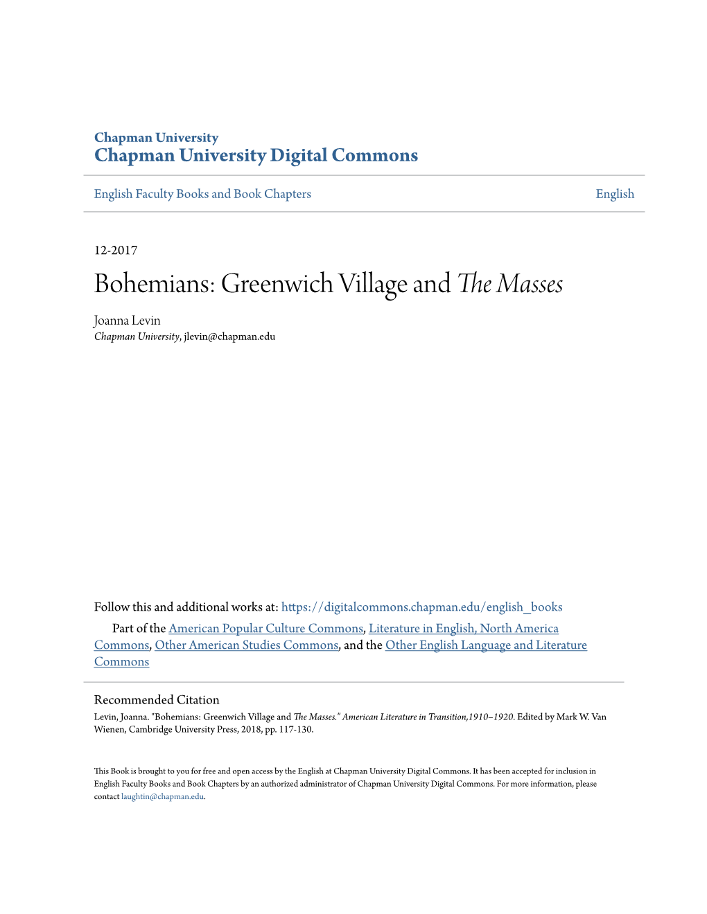 Bohemians: Greenwich Village and the Masses Joanna Levin Chapman University, Jlevin@Chapman.Edu