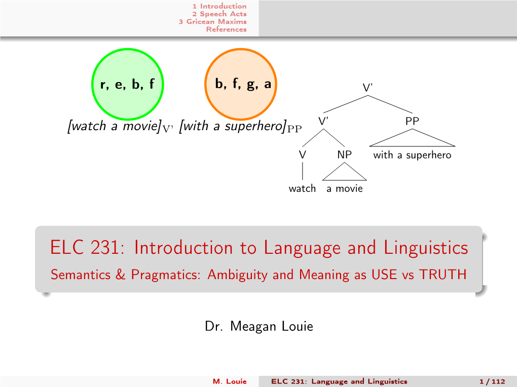 ELC 231: Introduction to Language and Linguistics Semantics & Pragmatics: Ambiguity and Meaning As USE Vs TRUTH