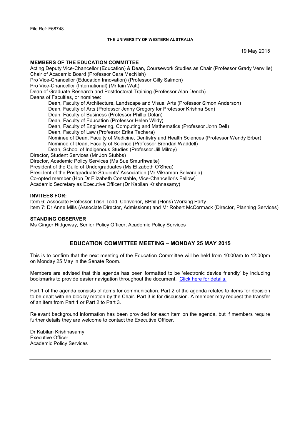 Education Committee Meeting – Monday 25 May 2015