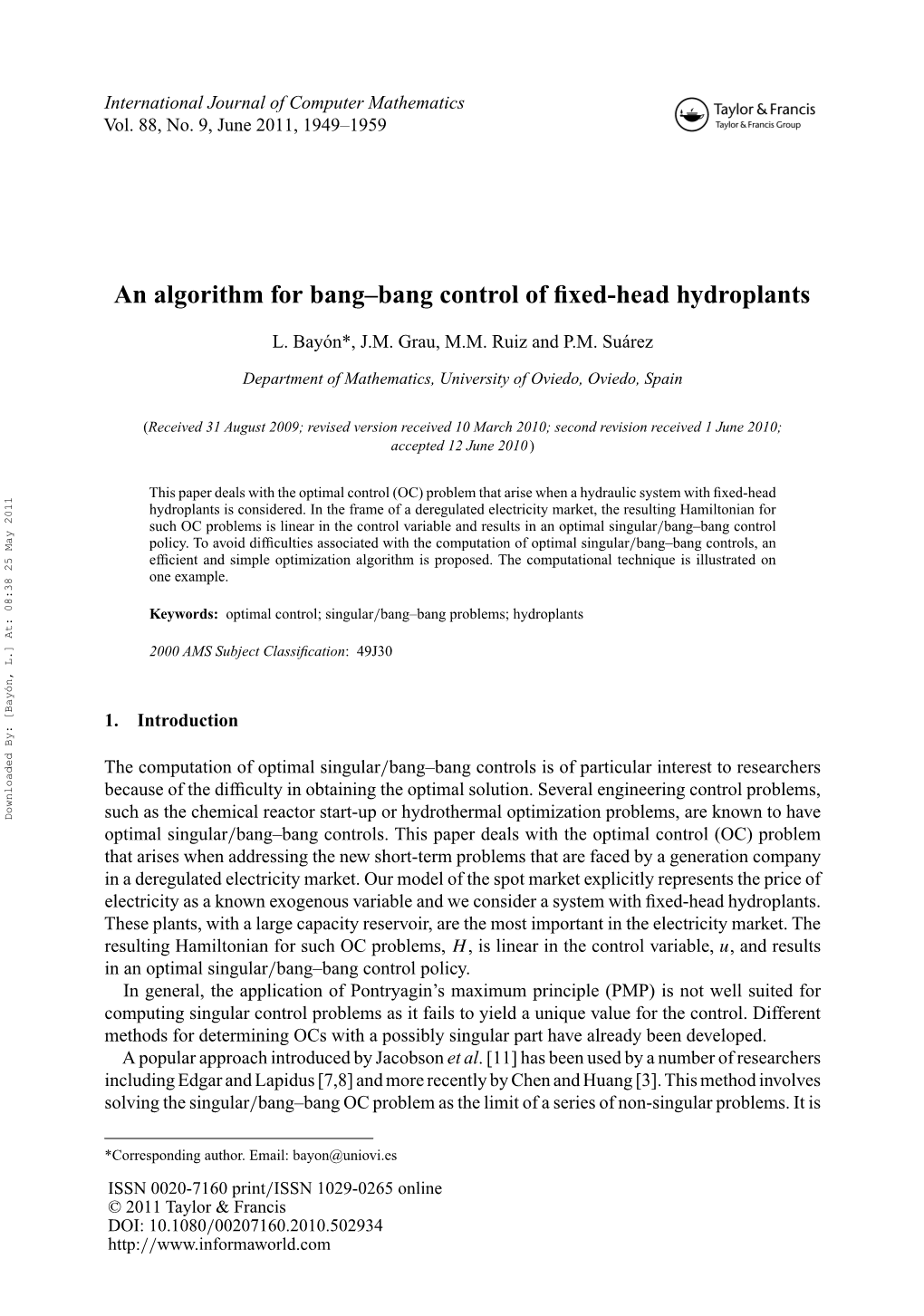 An Algorithm for Bang–Bang Control of Fixed-Head Hydroplants