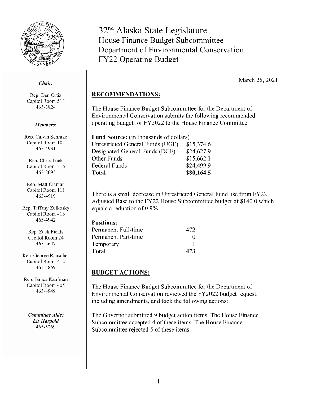 32Nd Alaska State Legislature House Finance Budget Subcommittee Department of Environmental Conservation FY22 Operating Budget