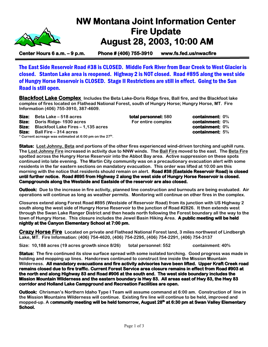 NW Montana Joint Information Center Fire Update August 28, 2003, 10:00 AM