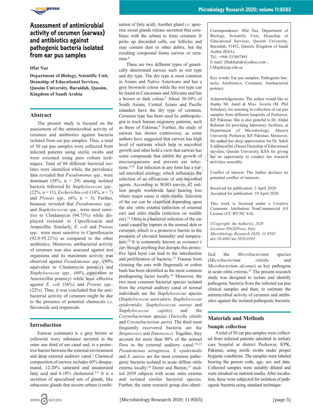 Assessment of Antimicrobial Activity of Cerumen (Earwax) and Antibiotics