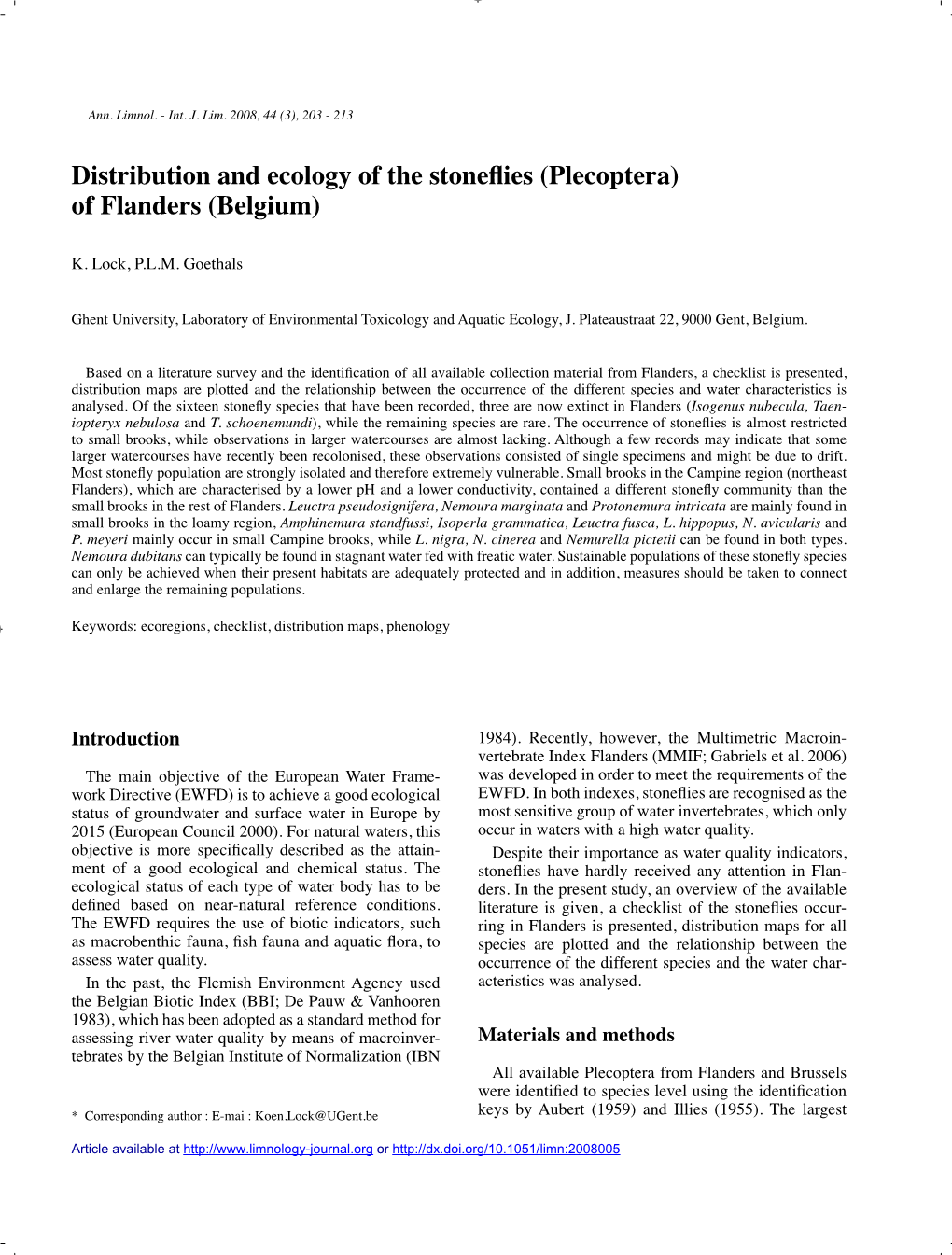 Distribution and Ecology of the Stoneflies (Plecoptera) of Flanders