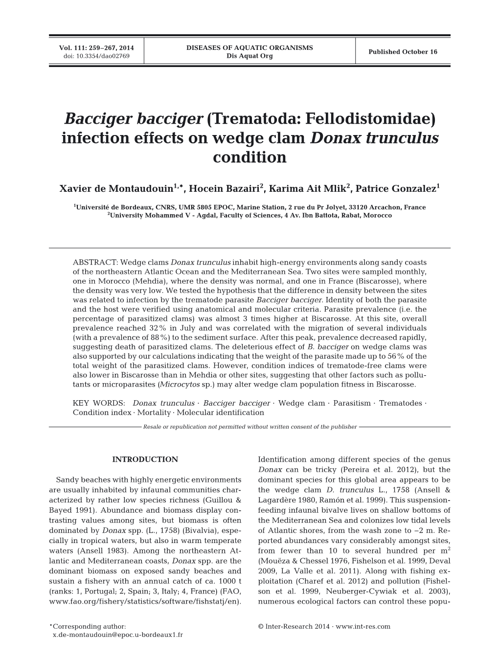 Bacciger Bacciger (Trematoda: Fellodistomidae) Infection Effects on Wedge Clam Donax Trunculus Condition