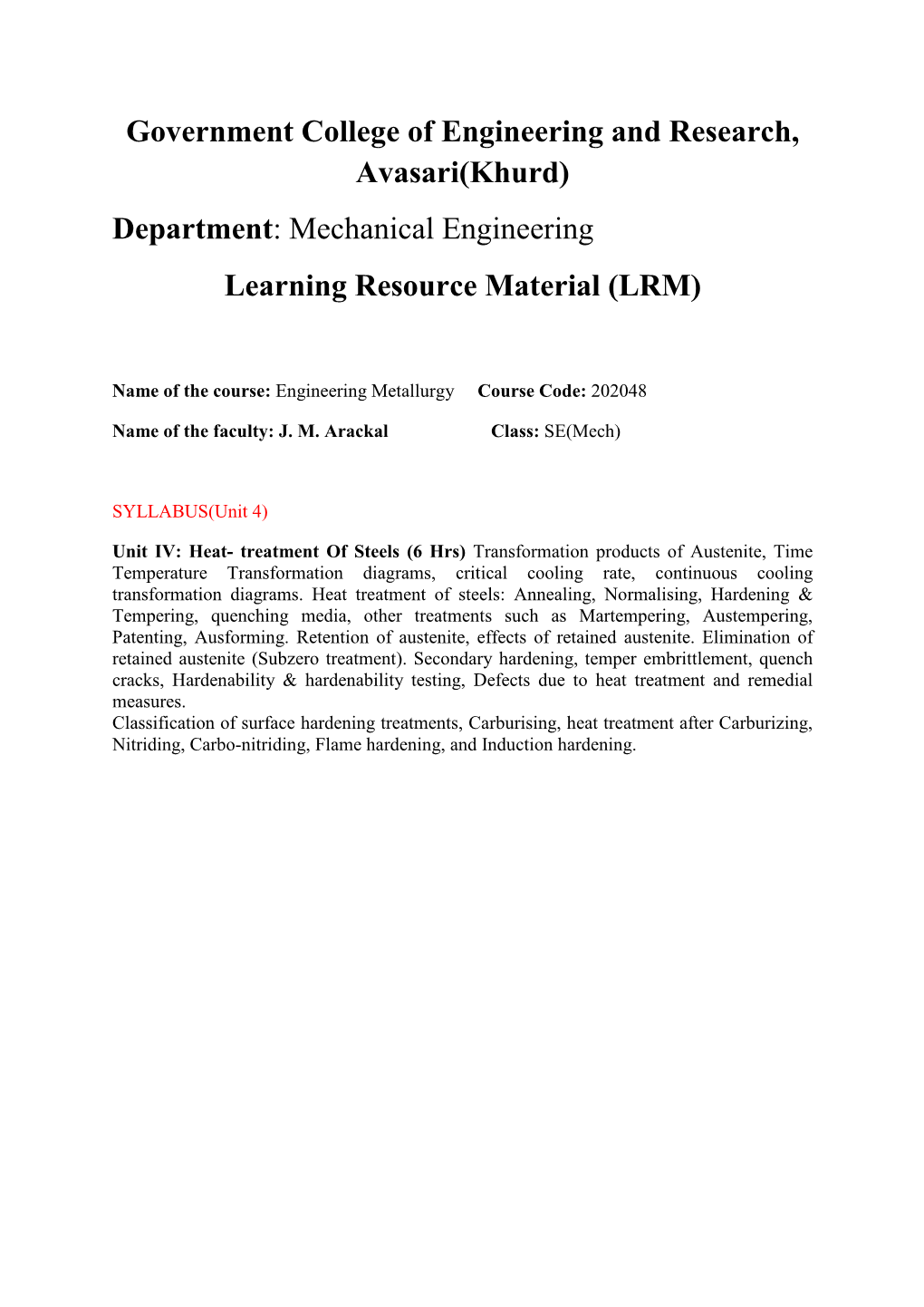 Mechanical Engineering Learning Resource Material (LRM)