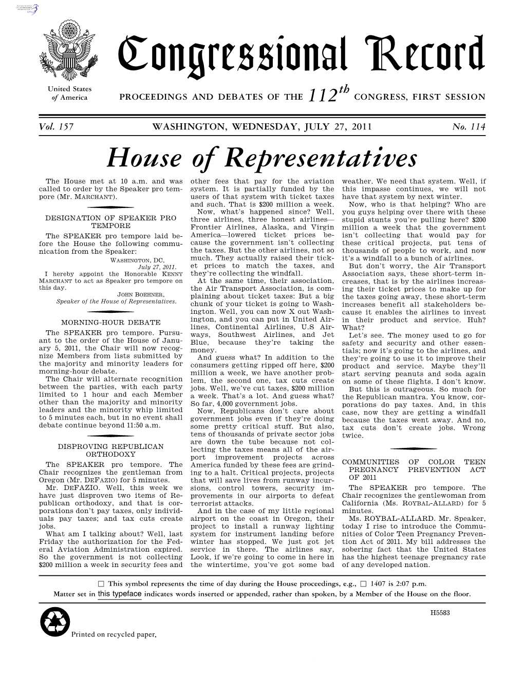 Congressional Record United States Th of America PROCEEDINGS and DEBATES of the 112 CONGRESS, FIRST SESSION