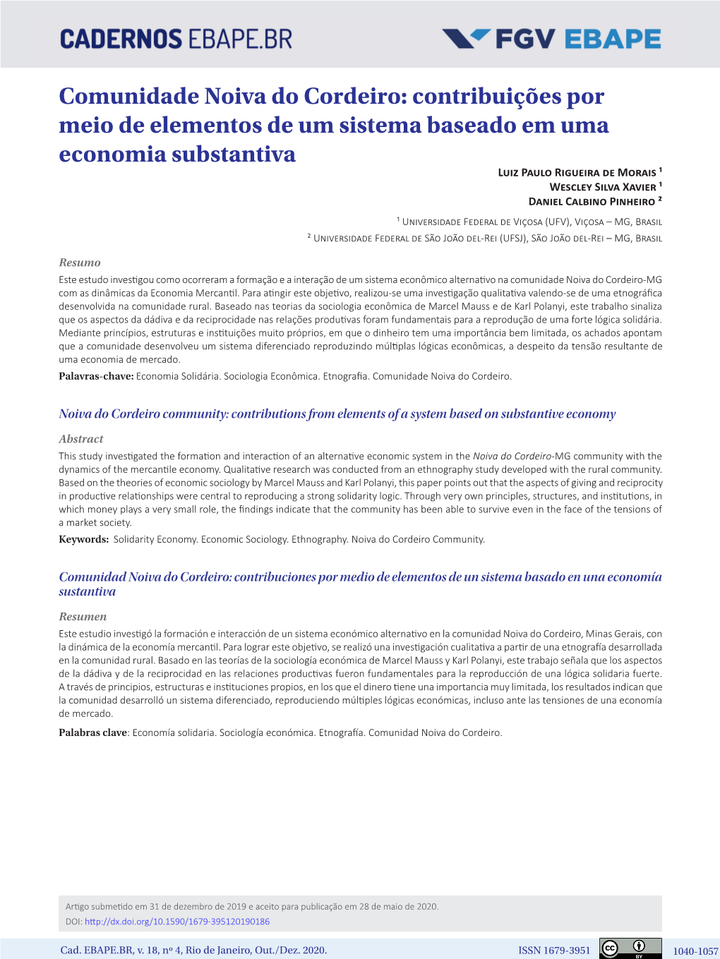 Noiva Do Cordeiro Community: Contributions from Elements of a System Based on Substantive Economy