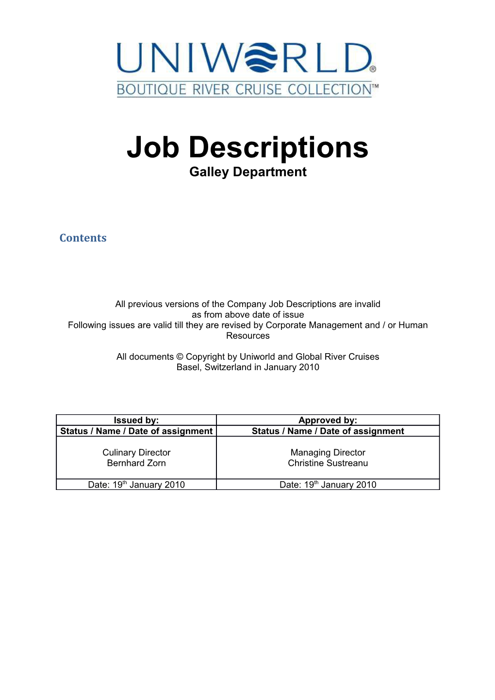 Job Descriptions Galley Department