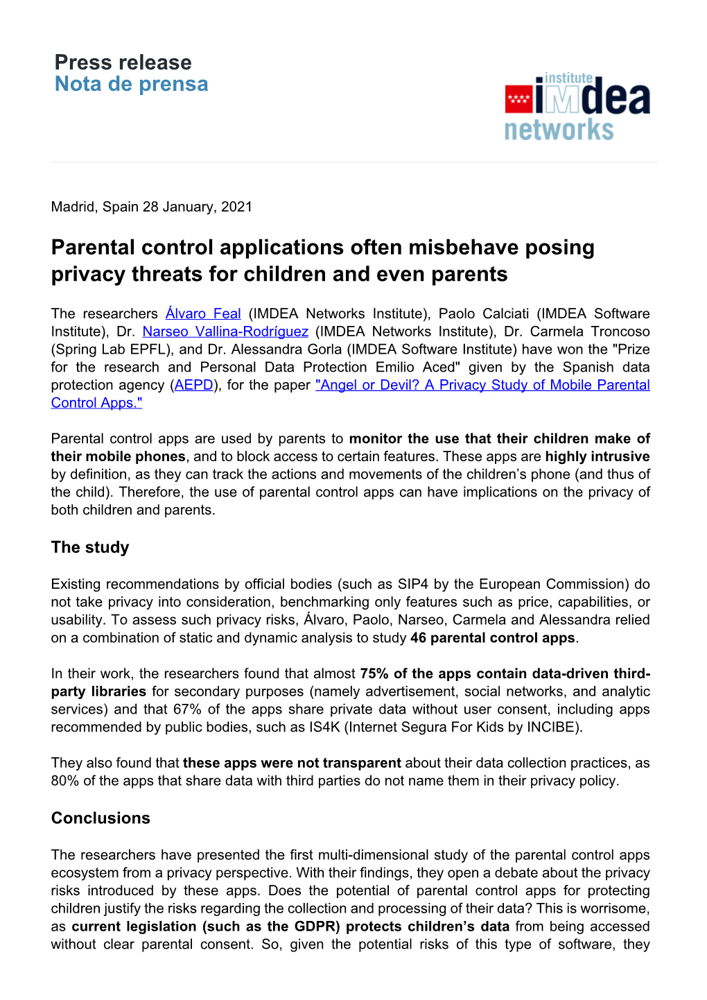 Press Release Nota De Prensa Parental Control