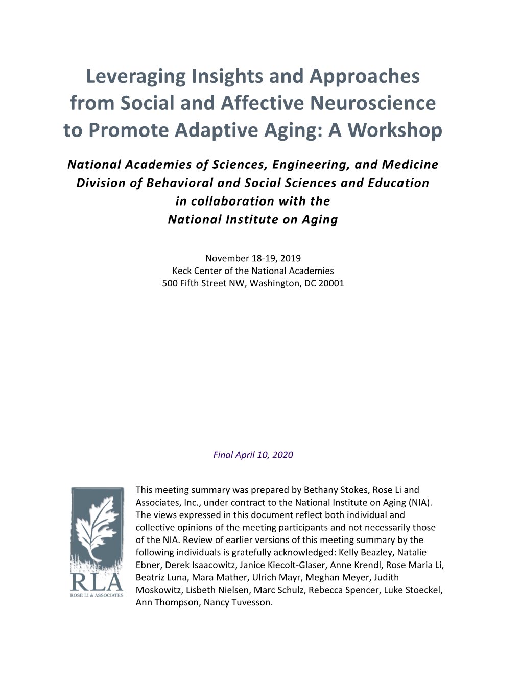 Leveraging Insights and Approaches from Social and Affective Neuroscience to Promote Adaptive Aging: a Workshop