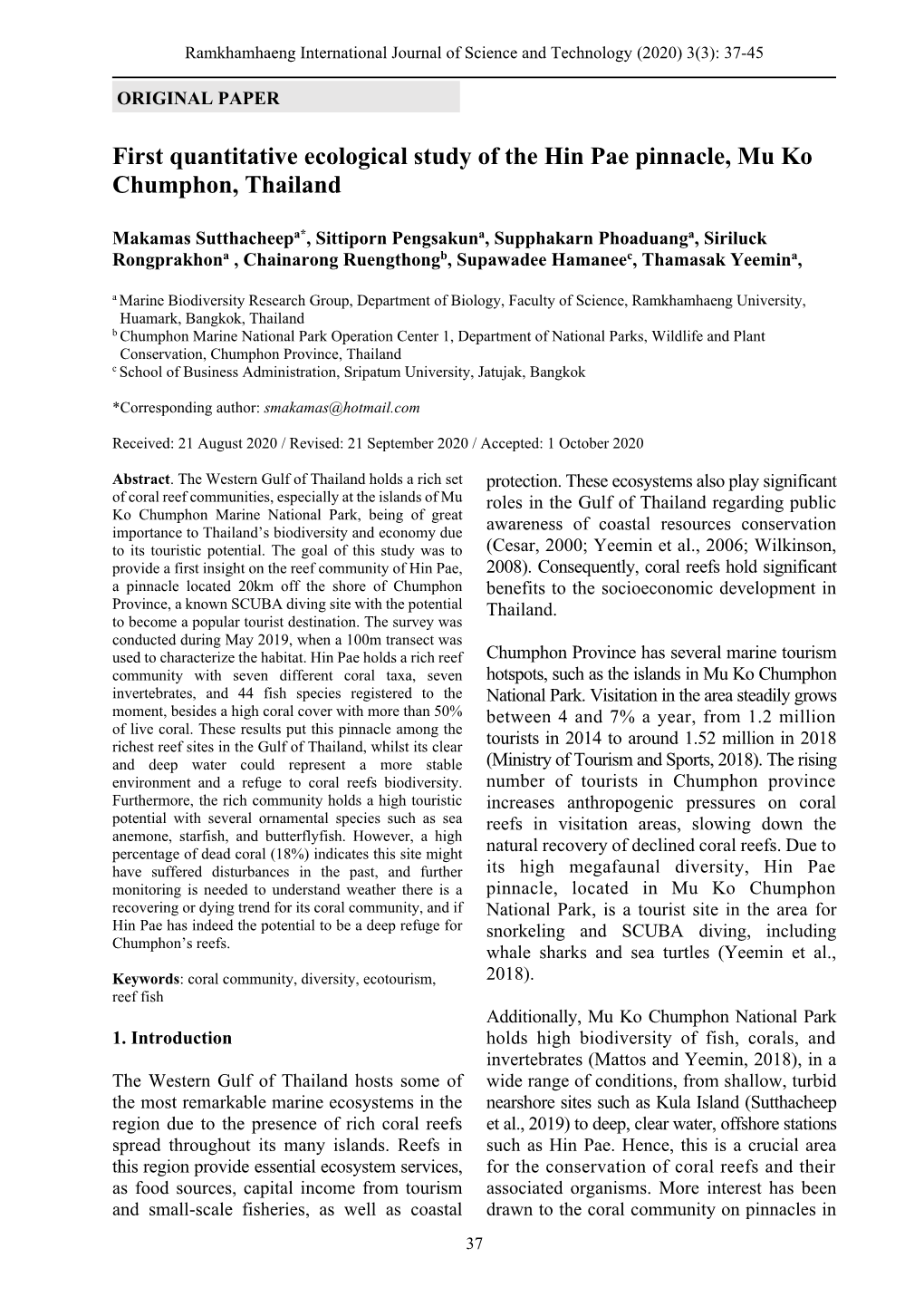 First Quantitative Ecological Study of the Hin Pae Pinnacle, Mu Ko Chumphon, Thailand