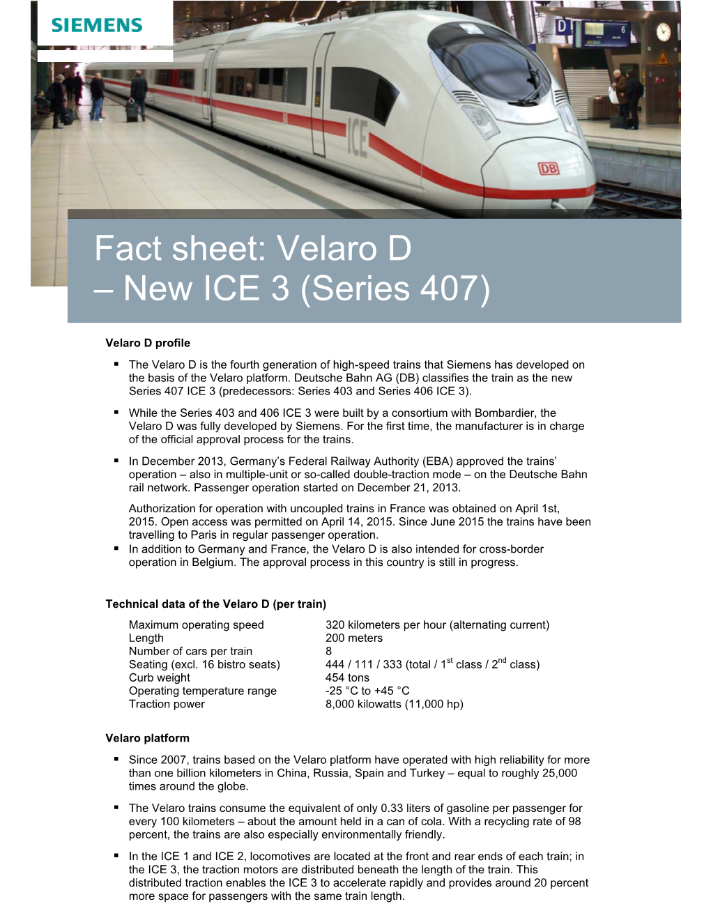 Fact Sheet: Velaro D – New ICE 3 (Series 407)
