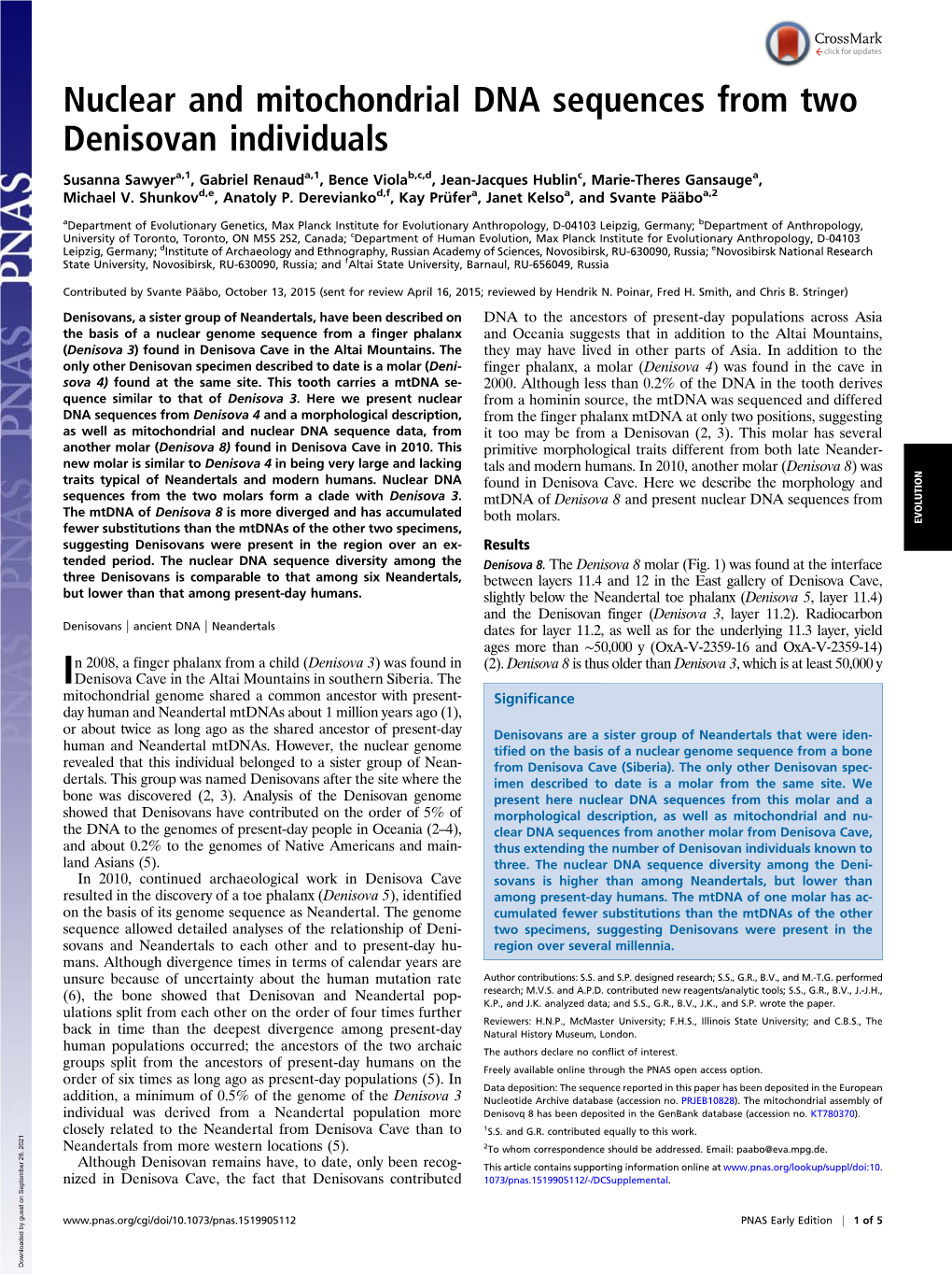 Nuclear and Mitochondrial DNA Sequences from Two Denisovan Individuals