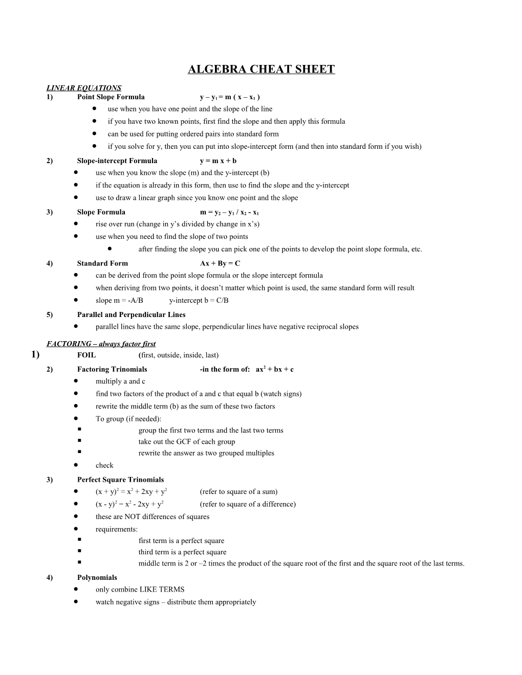 Algebra Cheat Sheet