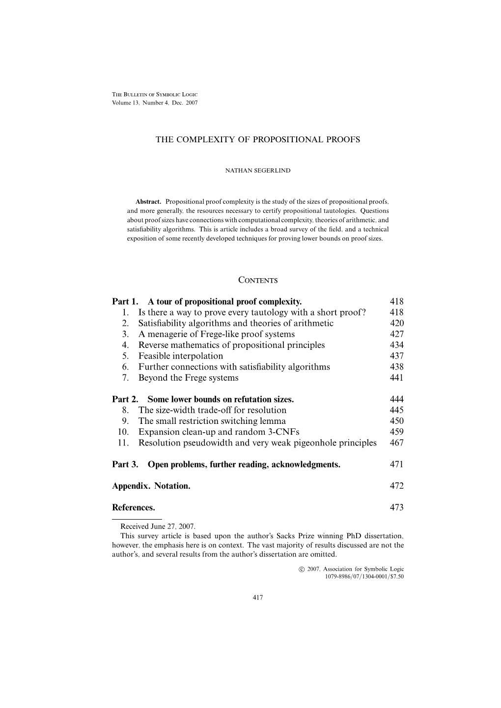 Contents Part 1. a Tour of Propositional Proof Complexity. 418 1. Is There A