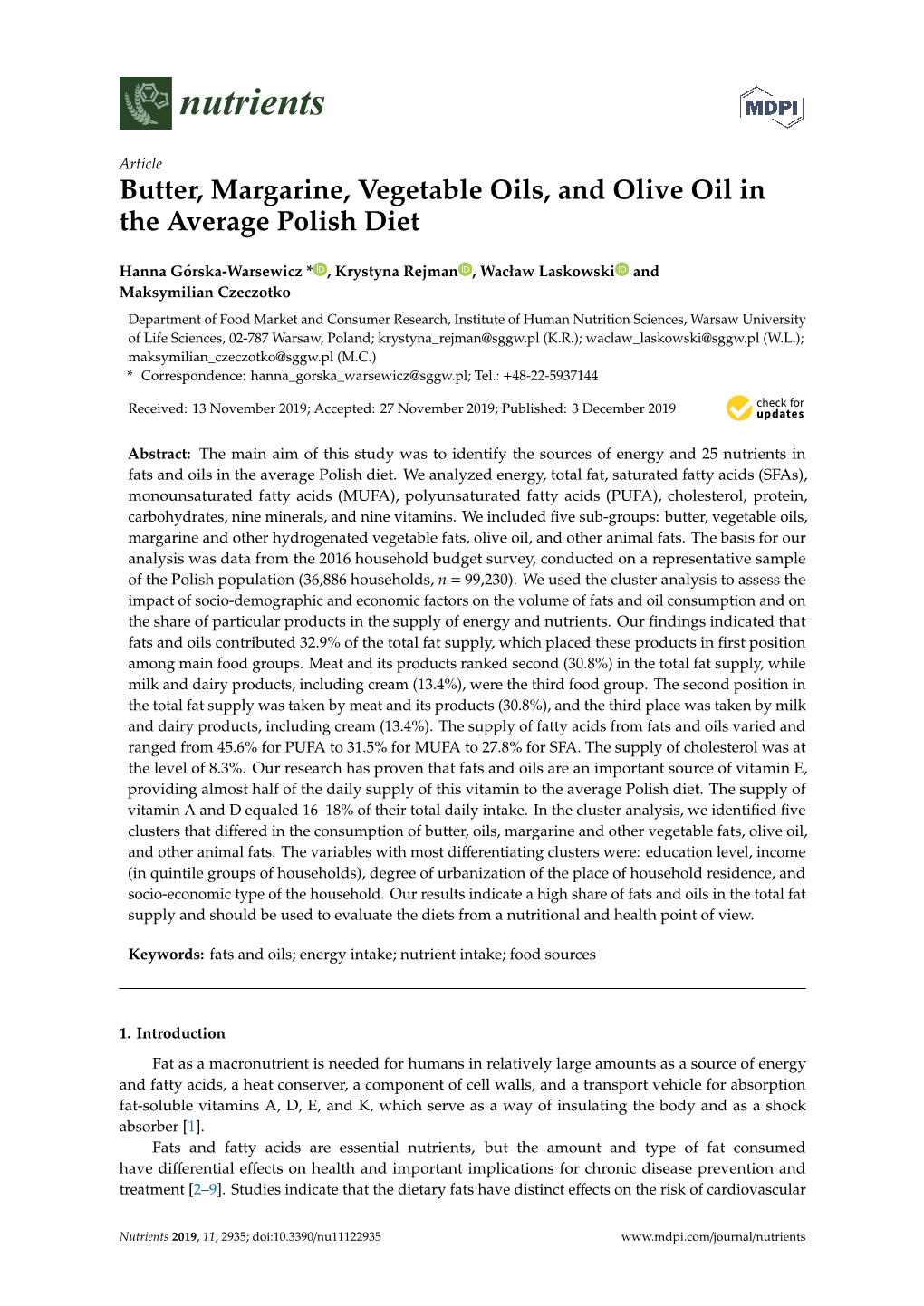 Butter, Margarine, Vegetable Oils, and Olive Oil in the Average Polish Diet