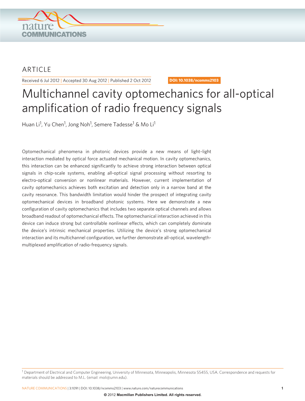 Multichannel Cavity Optomechanics for All-Optical Amplification of Radio Frequency Signals