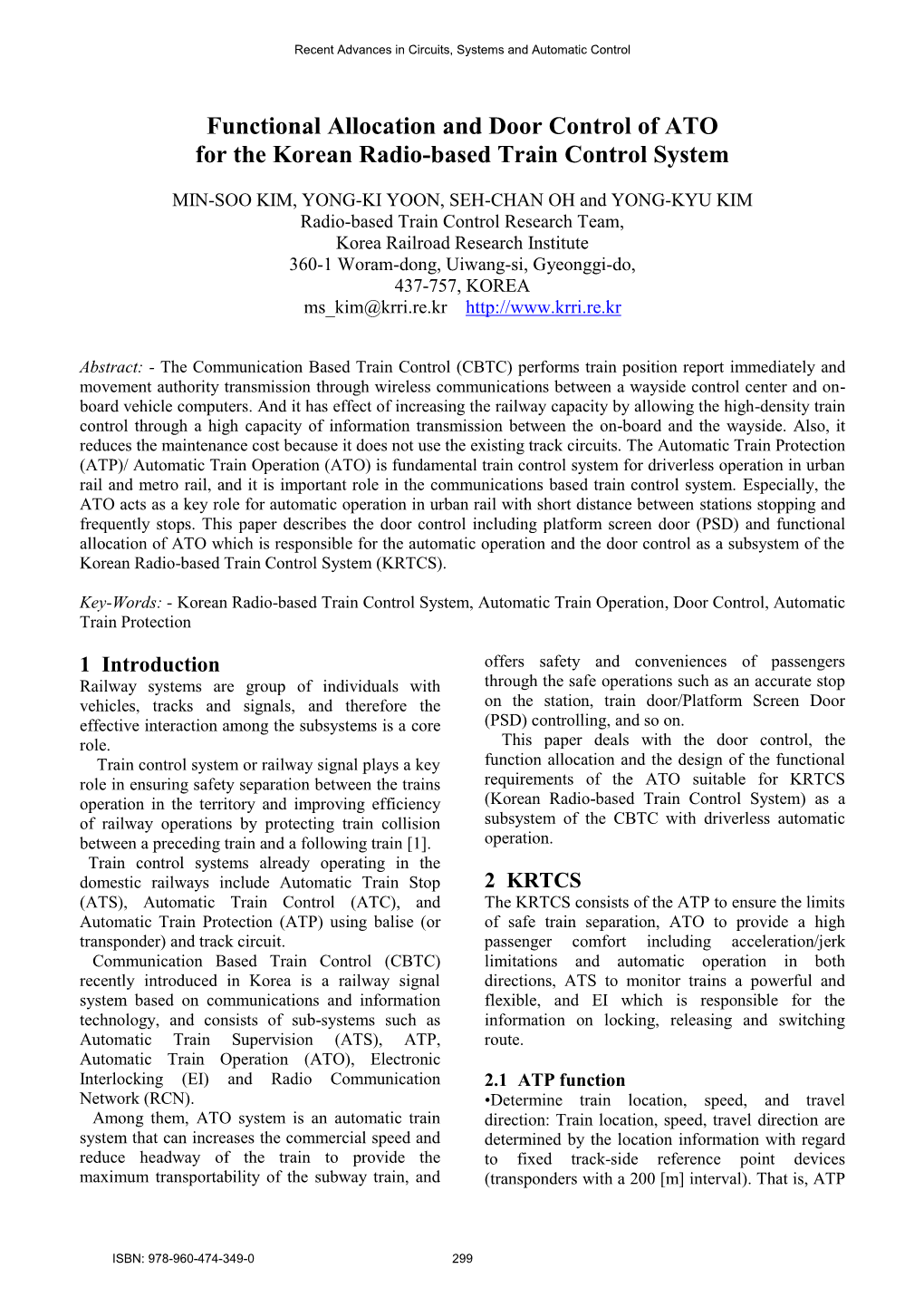 Functional Allocation and Door Control of ATO for the Korean Radio-Based Train Control System