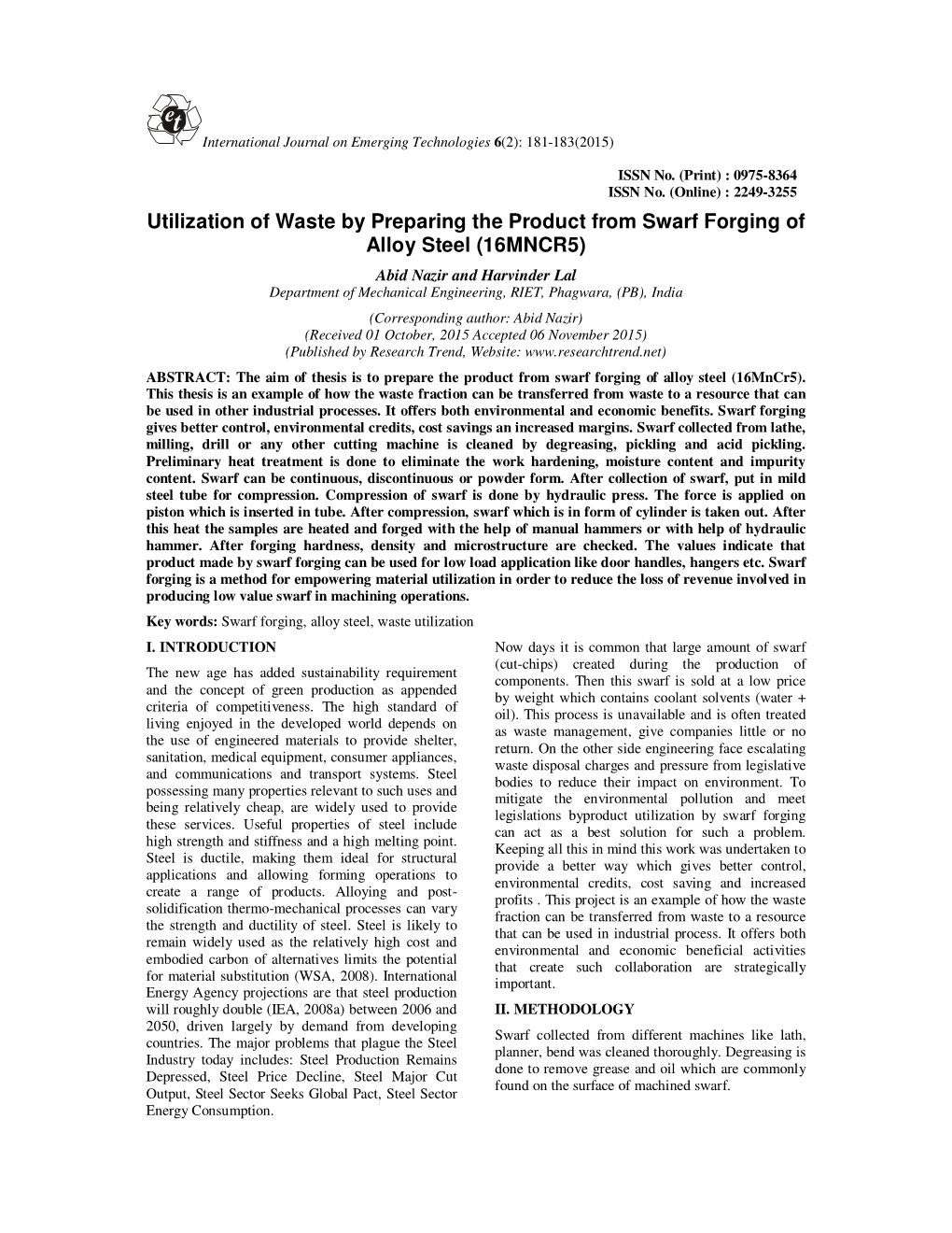 Utilization of Waste by Preparing the Product from Swarf Forging of Alloy