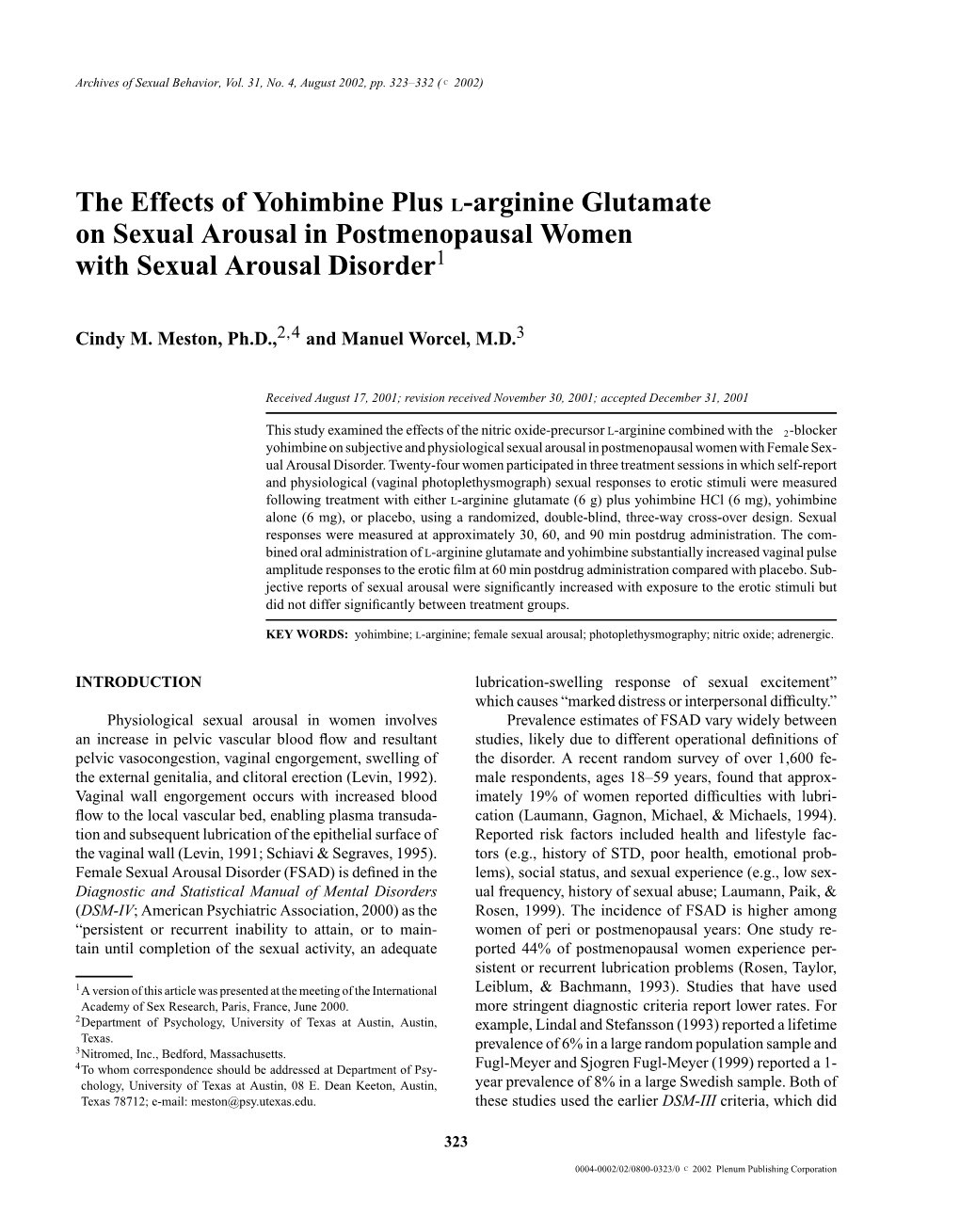 The Effects of Yohimbine Plus L-Arginine Glutamate on Sexual Arousal in Postmenopausal Women with Sexual Arousal Disorder1