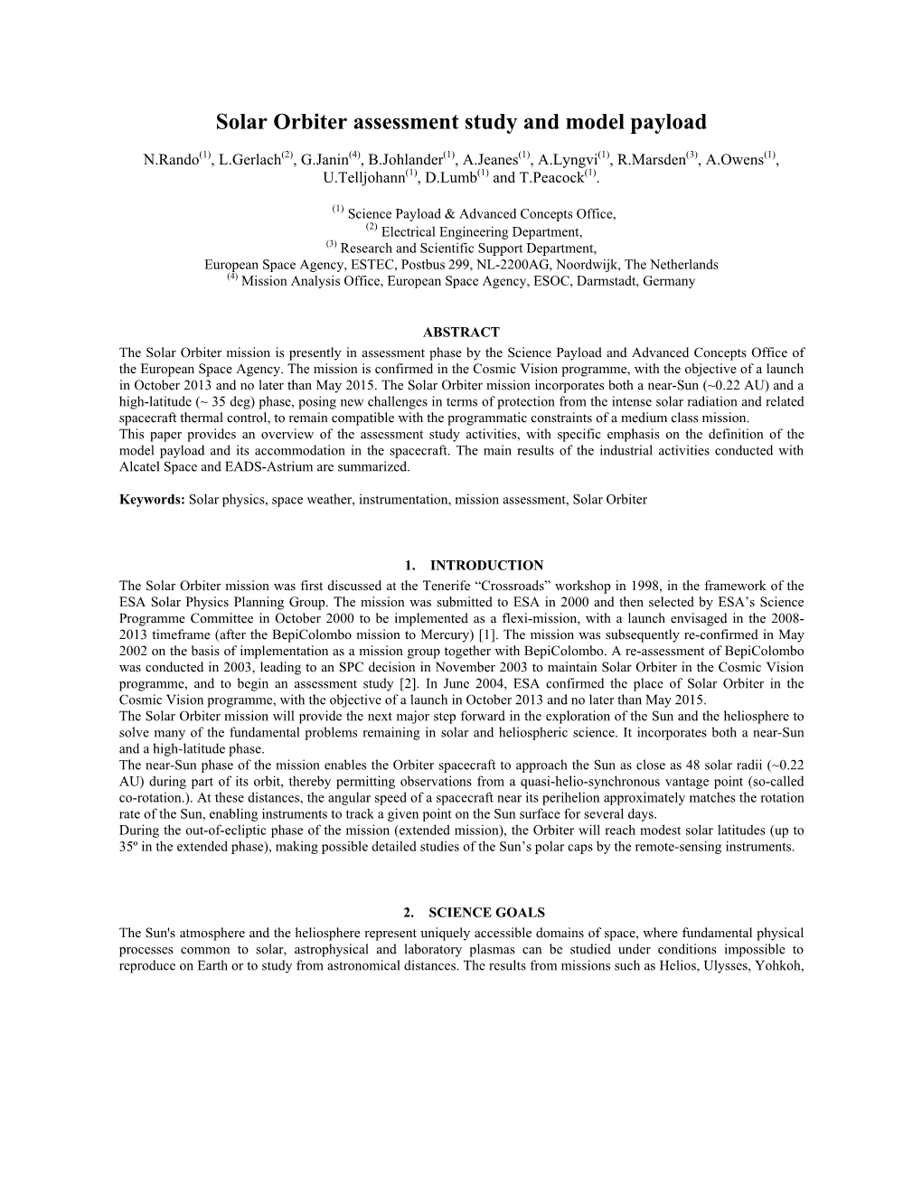 Solar Orbiter Assessment Study and Model Payload