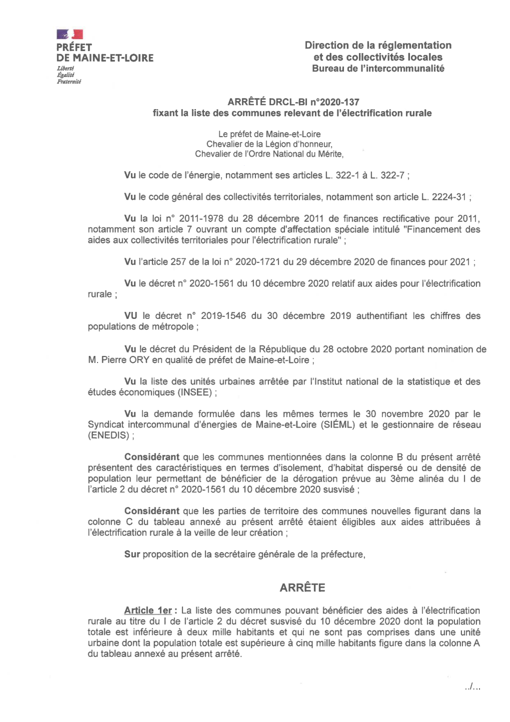 AP 30-12-2020 Liste Des Communes Relevant De L'électrification Rurale Et