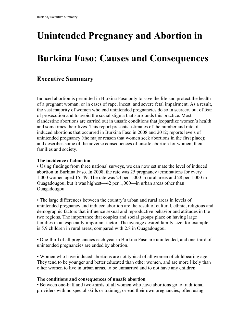 Unintended Pregnancy and Abortion in Burkina Faso: Causes And
