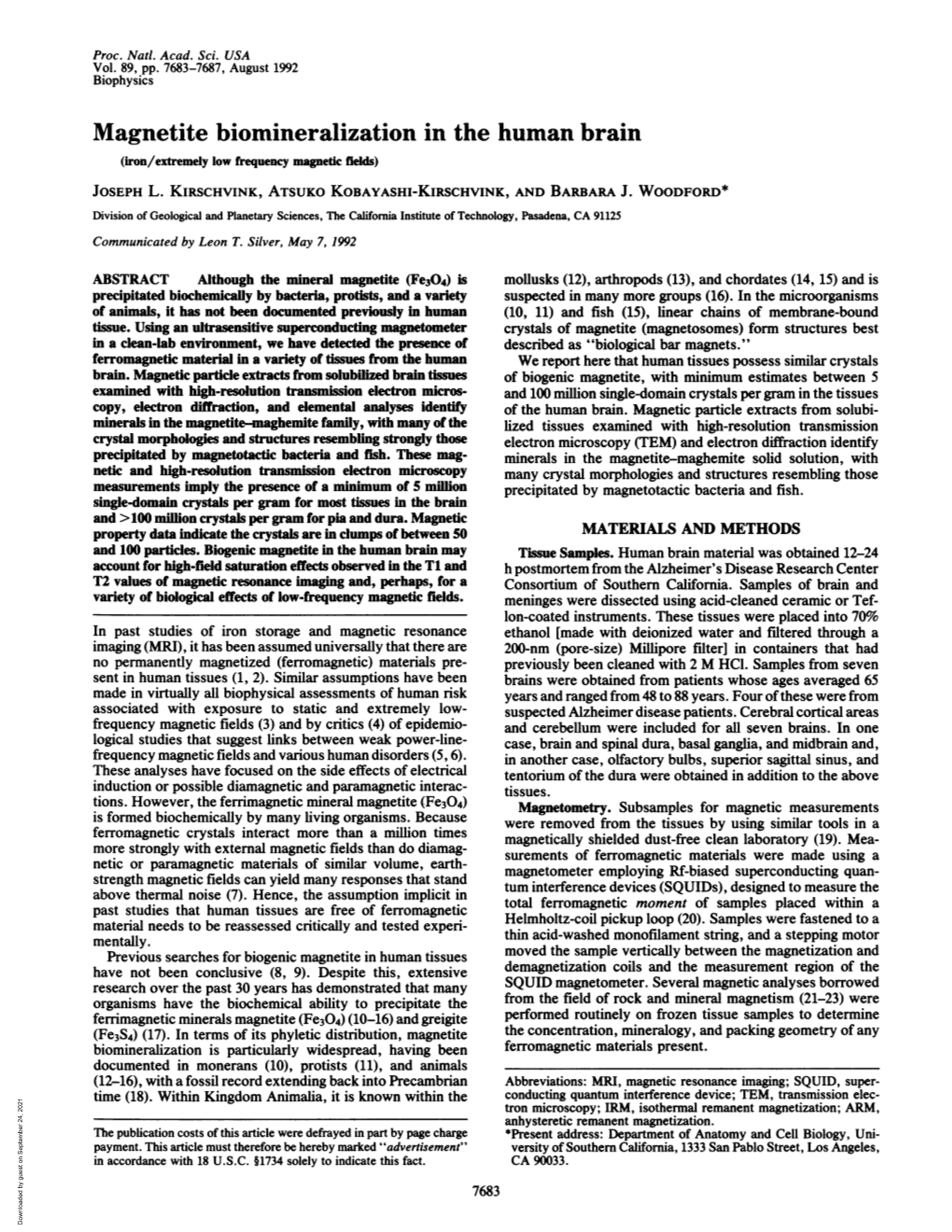 Magnetite Biomineralization in the Human Brain (Iron/Extremely Low Frequency Magnetic Fields) JOSEPH L