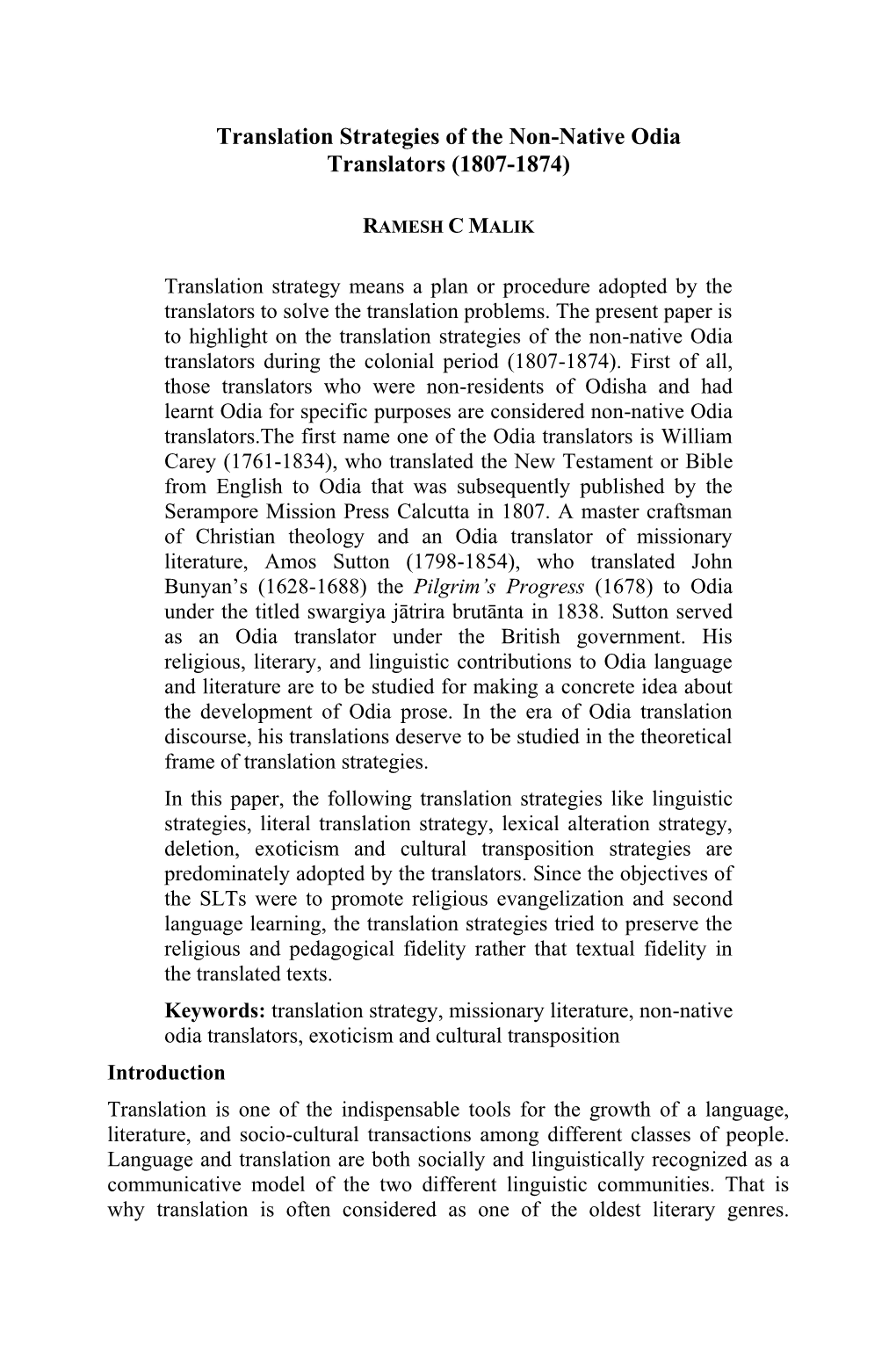 Translation Strategies of the Non-Native Odia Translators (1807-1874)
