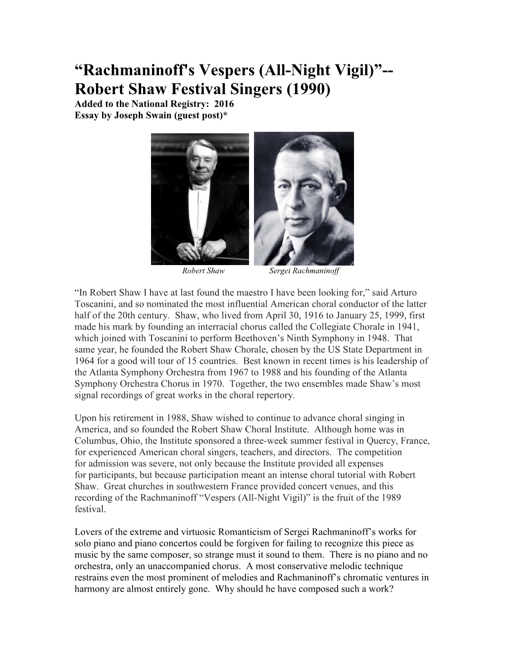 Rachmaninoff's Vespers (All-Night Vigil)”-- Robert Shaw Festival Singers (1990) Added to the National Registry: 2016 Essay by Joseph Swain (Guest Post)*