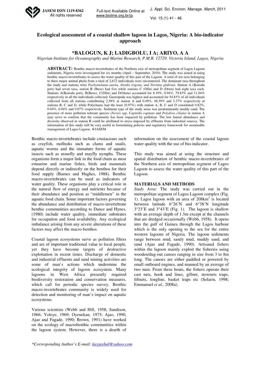 Ecological Assessment of a Coastal Shallow Lagoon in Lagos, Nigeria: a Bio-Indicator Approach