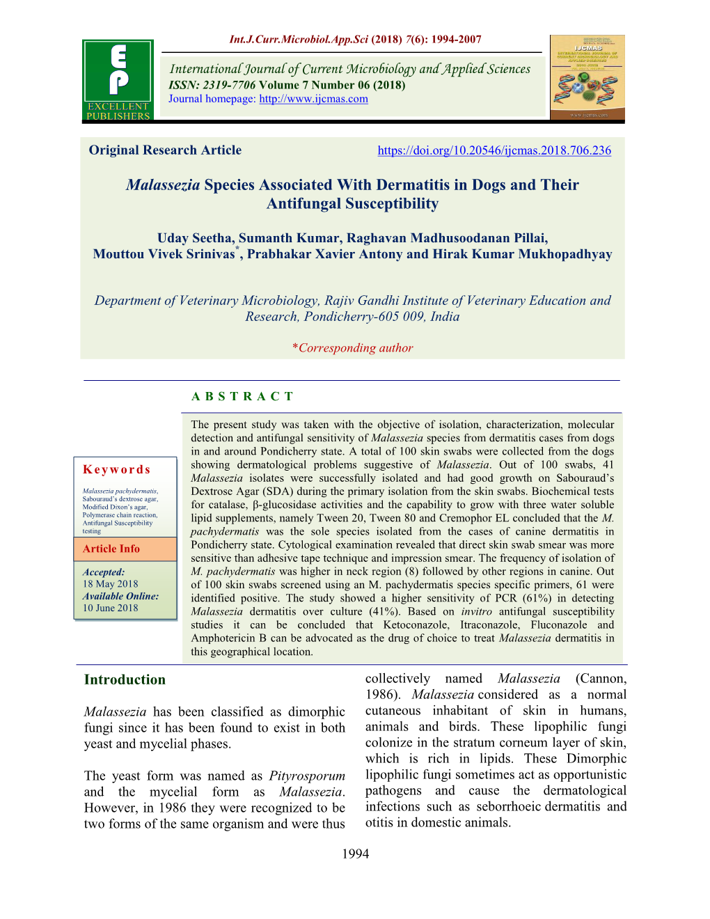 Malassezia Species Associated with Dermatitis in Dogs and Their Antifungal Susceptibility