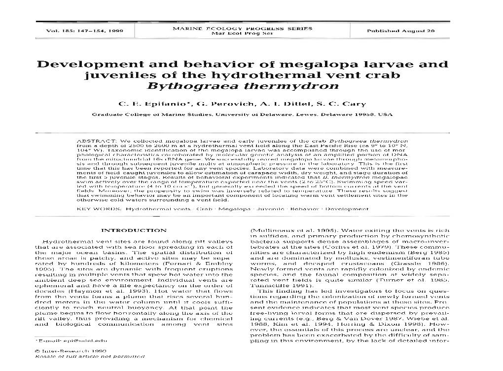 Development and Behavior of Megalopa Larvae and Juveniles of the Hydrothermal Vent Crab Bythograea Therm Ydron