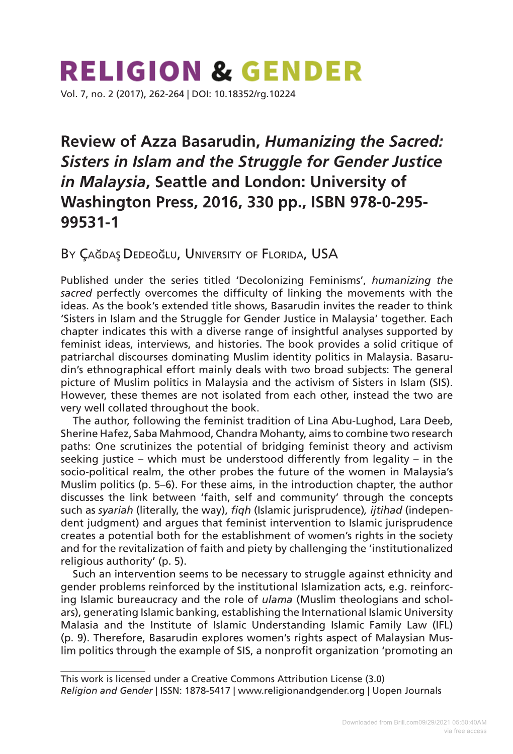 Review of Azza Basarudin, Humanizing the Sacred: Sisters in Islam and the Struggle for Gender Justice in Malaysia, Seattle and L