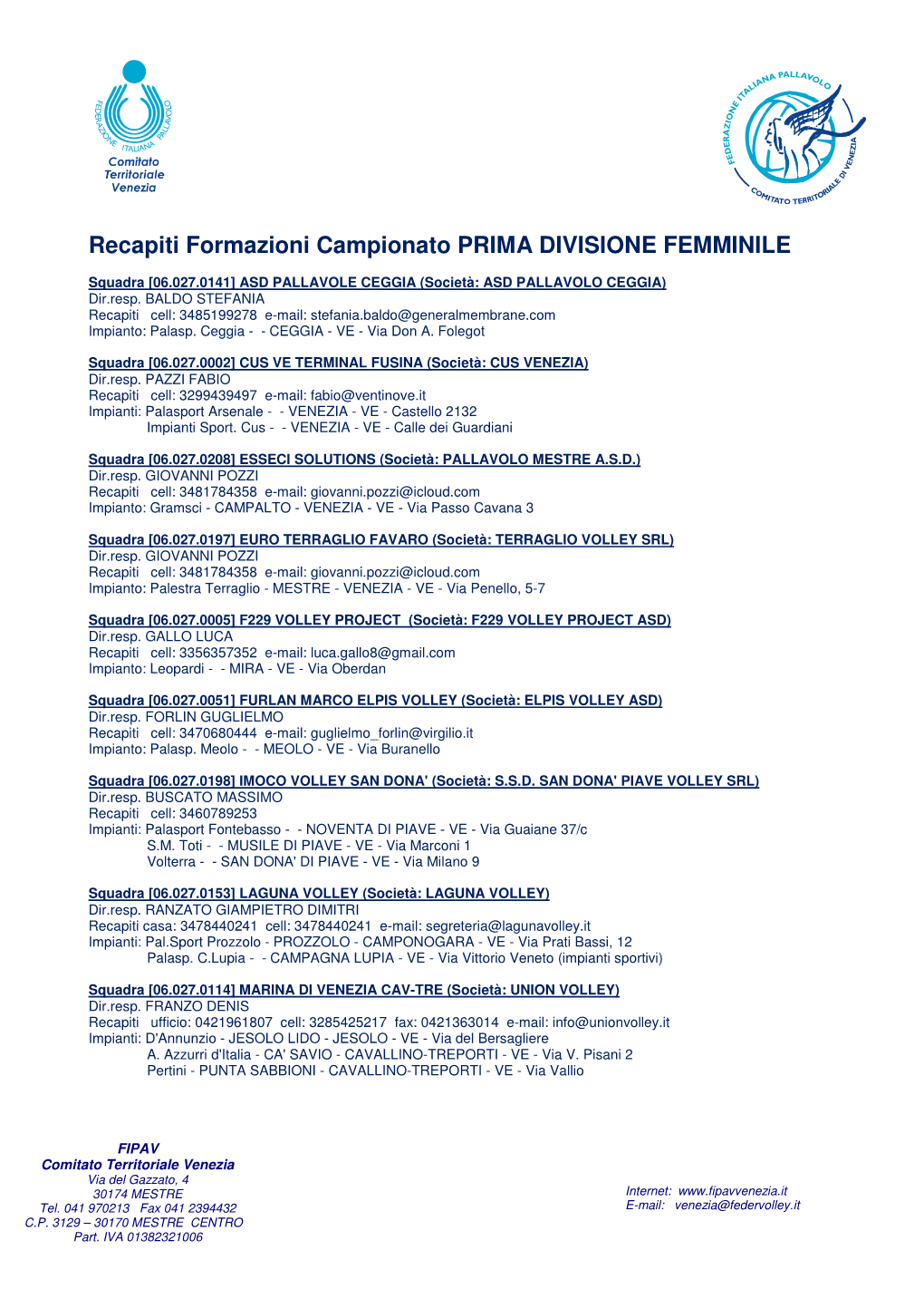 Recapiti Formazioni Campionato PRIMA DIVISIONE FEMMINILE