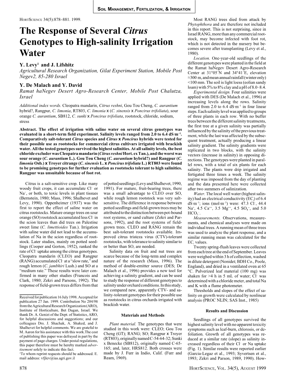 The Response of Several Citrus Genotypes to High-Salinity Irrigation Water