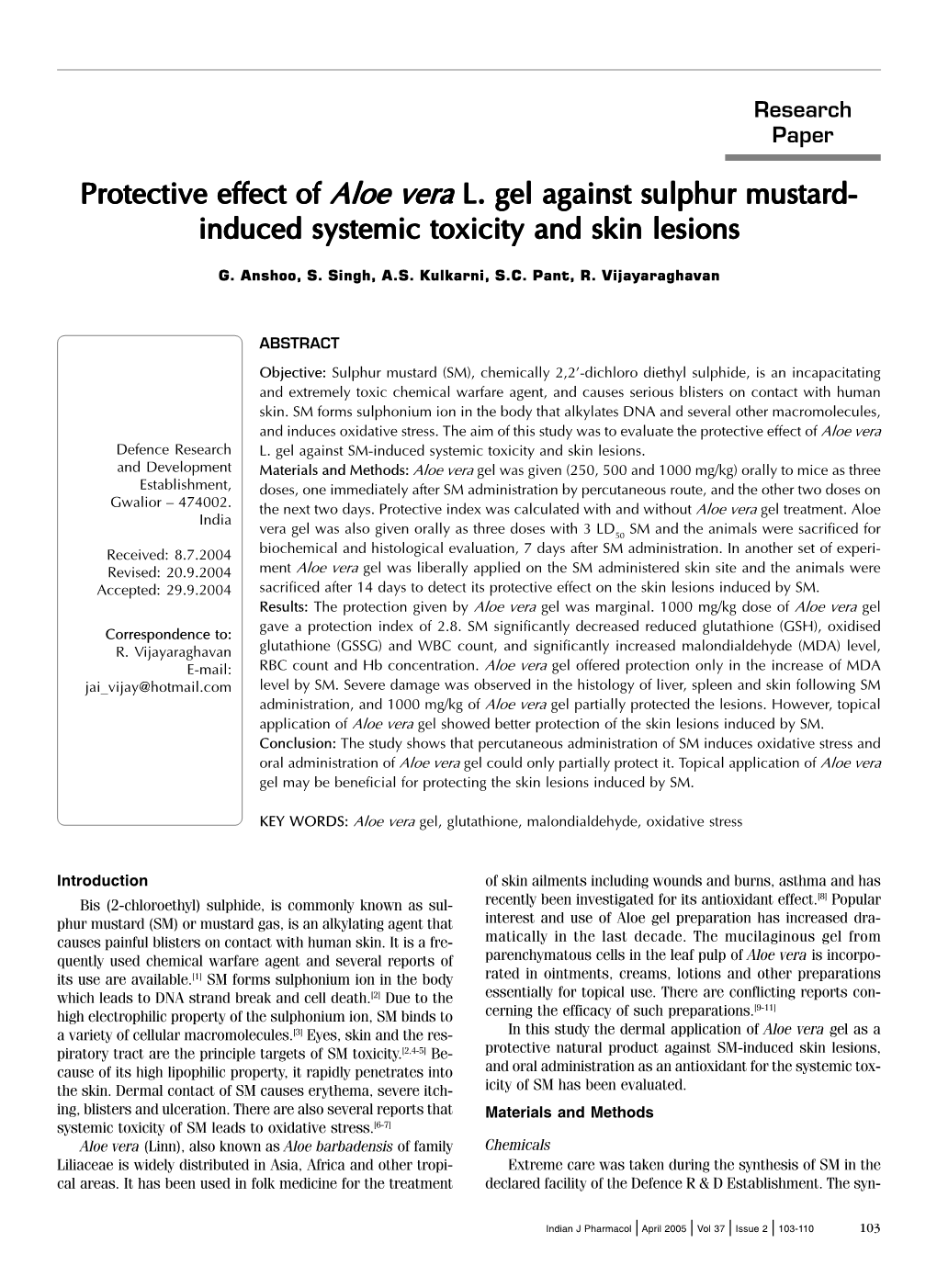 L. Gel Against Sulphur Mustard- Induced Systemic Toxicity and Skin Lesions