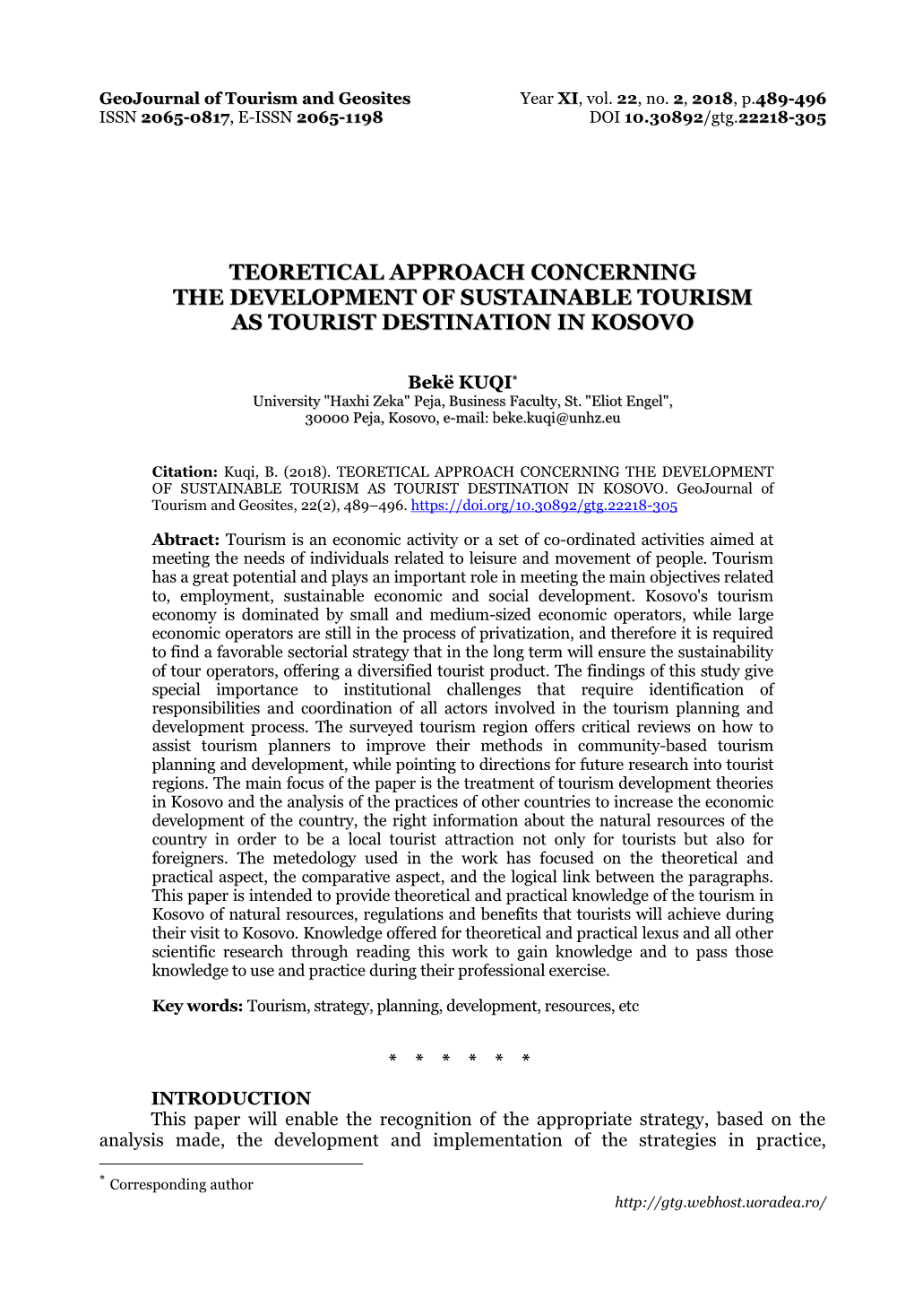 Teoretical Approach Concerning the Development of Sustainable Tourism As Tourist Destination in Kosovo