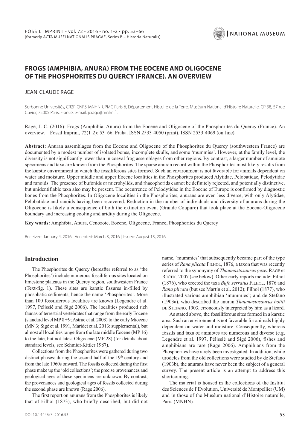 Frogs (Amphibia, Anura) from the Eocene and Oligocene of the Phosphorites Du Quercy (France)