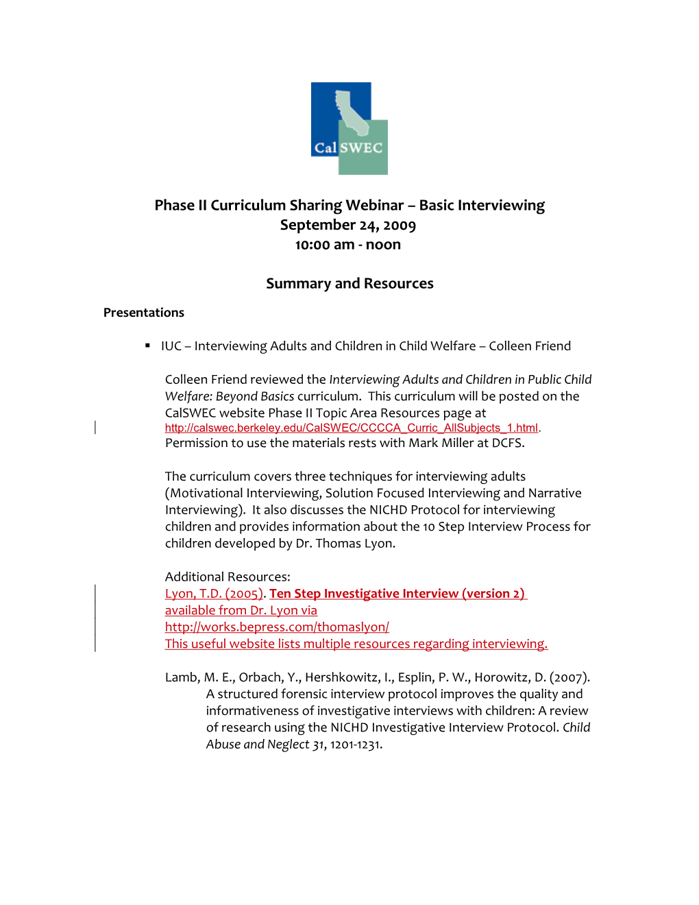 Phase II Curriculum Sharing Webinar Basic Interviewing