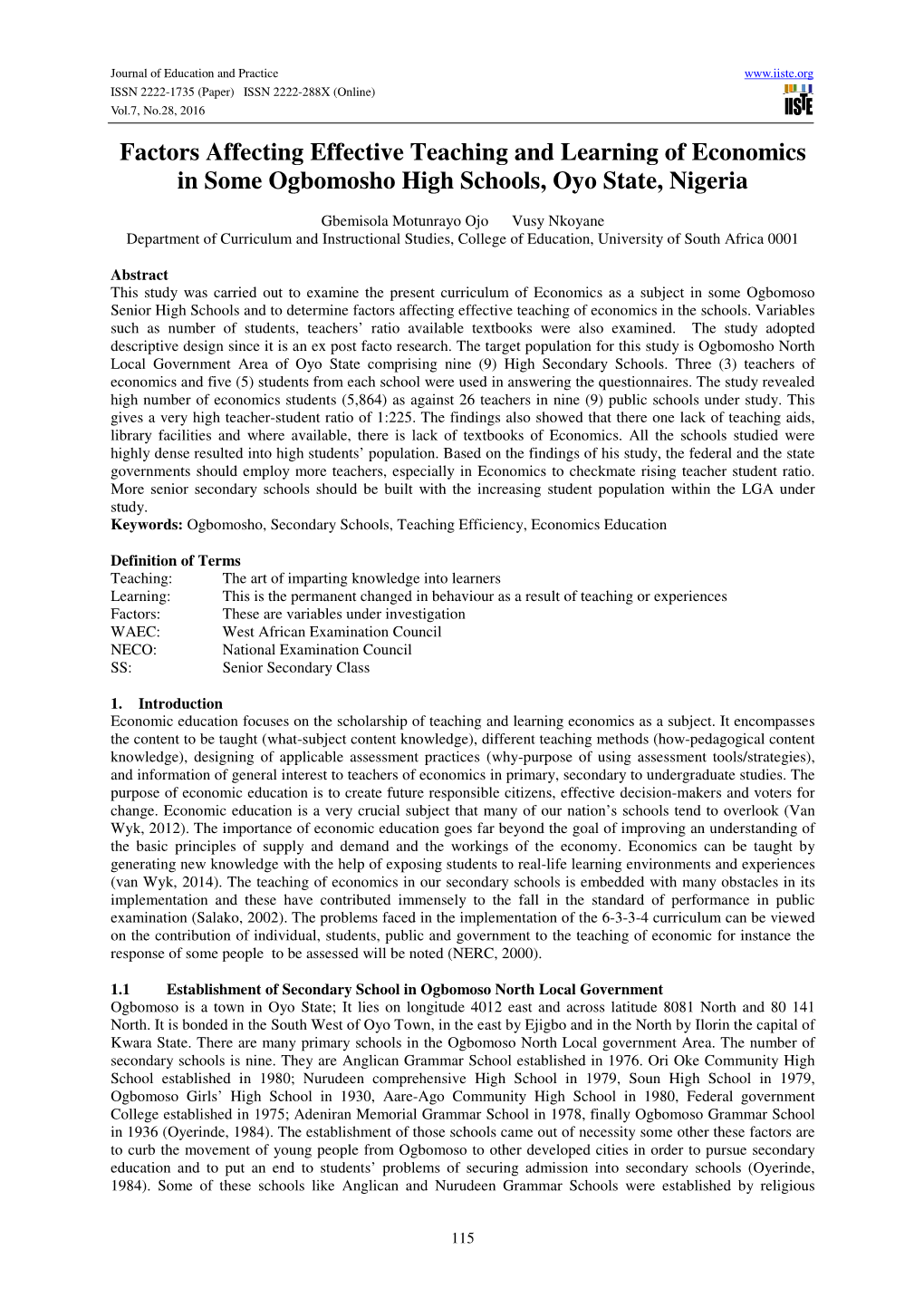 Factors Affecting Effective Teaching and Learning of Economics in Some Ogbomosho High Schools, Oyo State, Nigeria