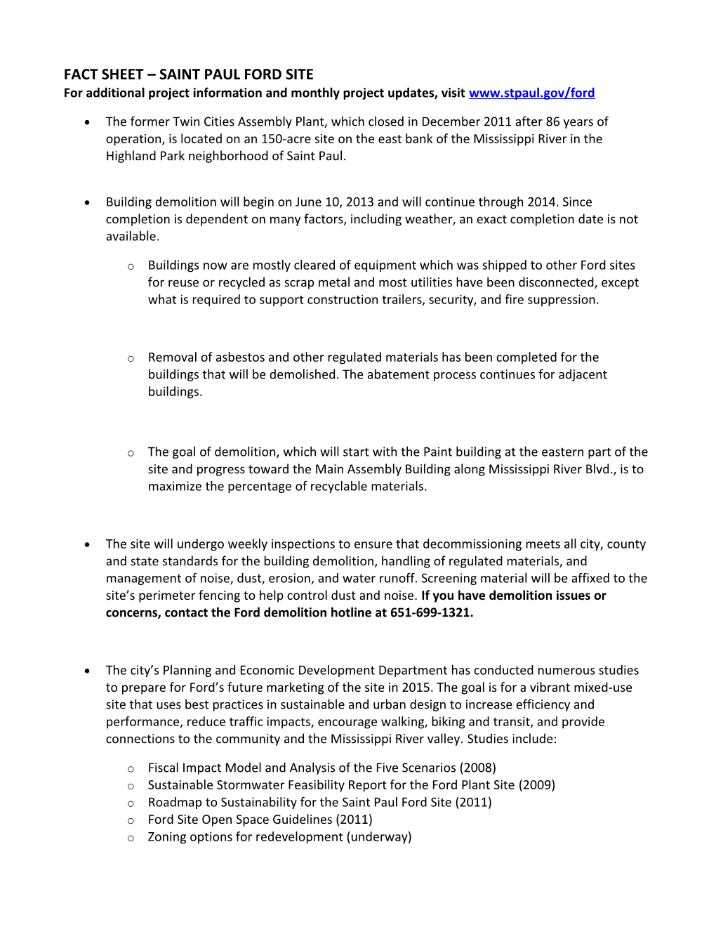 FACT SHEET SAINT PAUL FORD SITE for Additional Project Information and Monthly Project