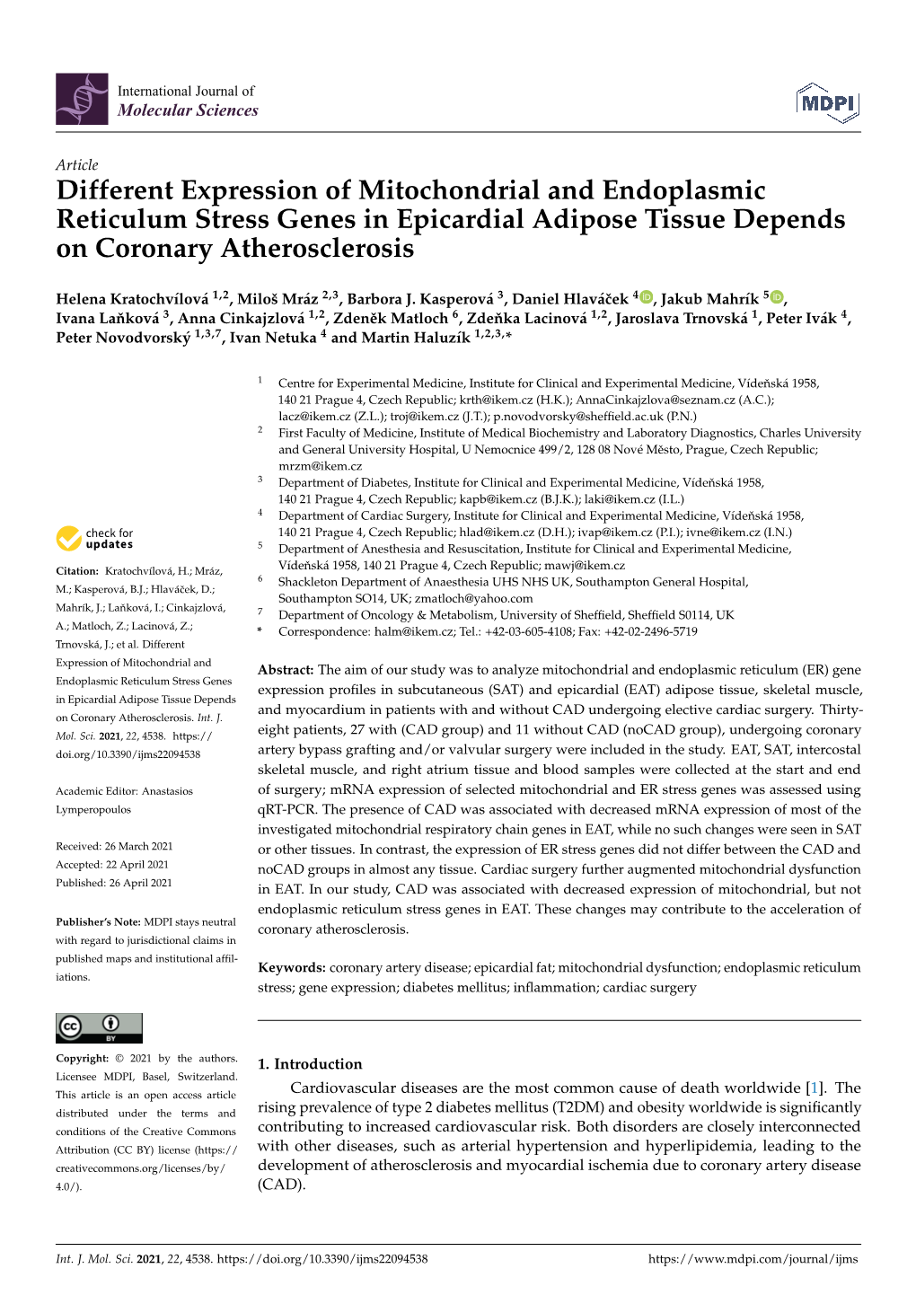 Different Expression of Mitochondrial and Endoplasmic Reticulum Stress Genes in Epicardial Adipose Tissue Depends on Coronary Atherosclerosis